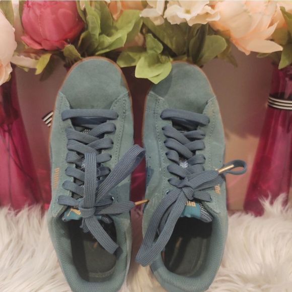 PUMA | NEVER WORN DUSTY TEAL & GOLD PLATFORM SNEAKERS - Picture 5 of 7